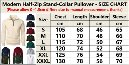 A size chart graphic for a modern half-zip stand-collar pullover. The left side shows a large beige pullover with a half-zip collar, and the right side features a size table listing chest, length, shoulder, and sleeve measurements from S to XXXL, with color options shown in small thumbnails along the left edge.