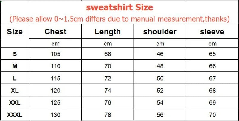 Sweatshirt size chart with measurements in centimeters