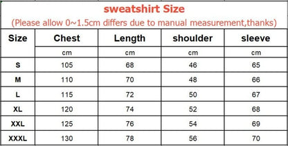 Sweatshirt size chart with measurements in centimeters