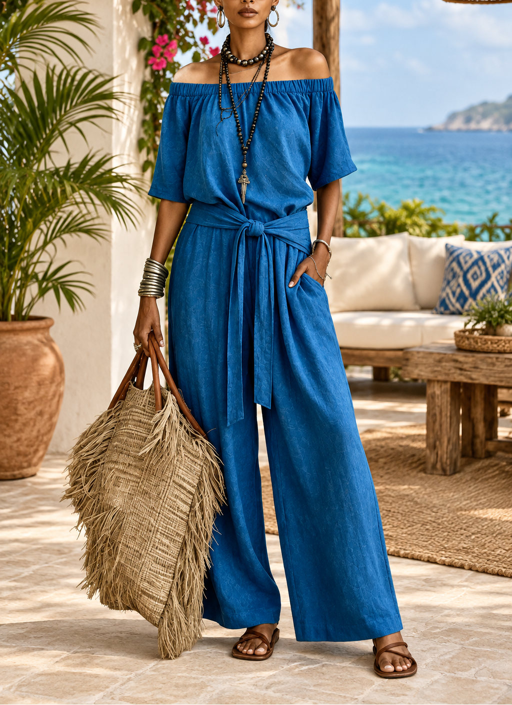 Off Shoulder Tie Waist Jumpsuit