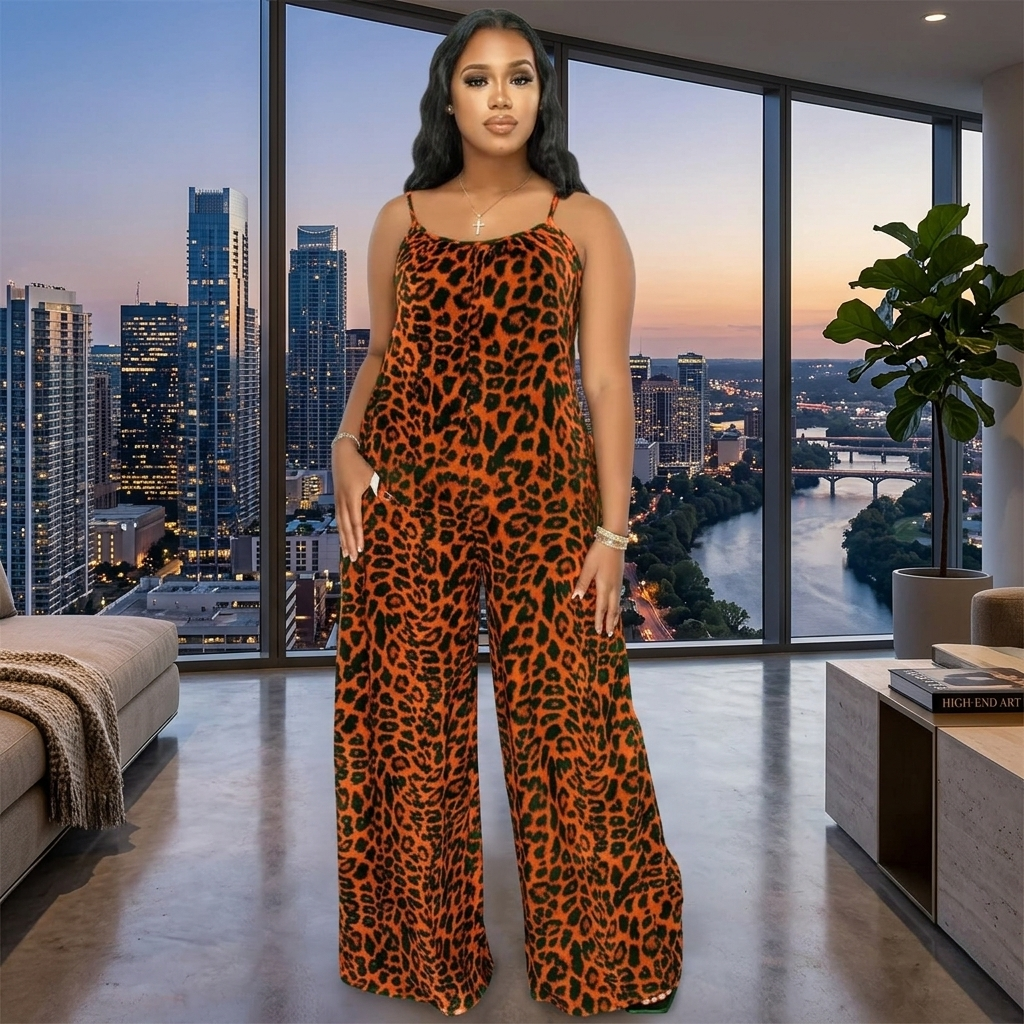 Woman in leopard print jumpsuit standing in a modern living room with cityscape view