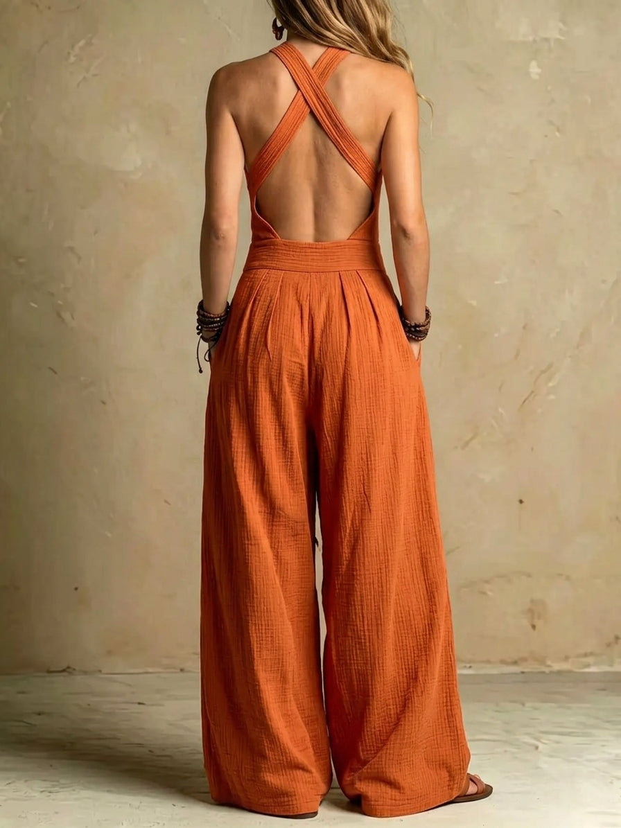 Halter Cross-Neck Wide Leg Jumpsuit