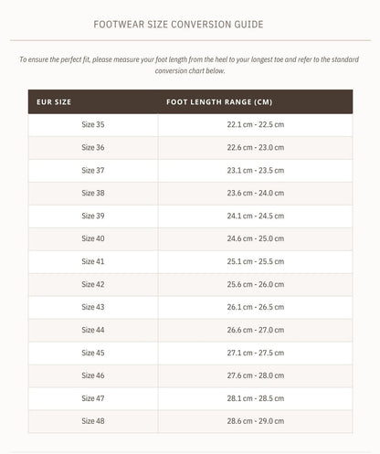 Footwear size conversion chart from EUR 35 to EUR 48 with foot length ranges.