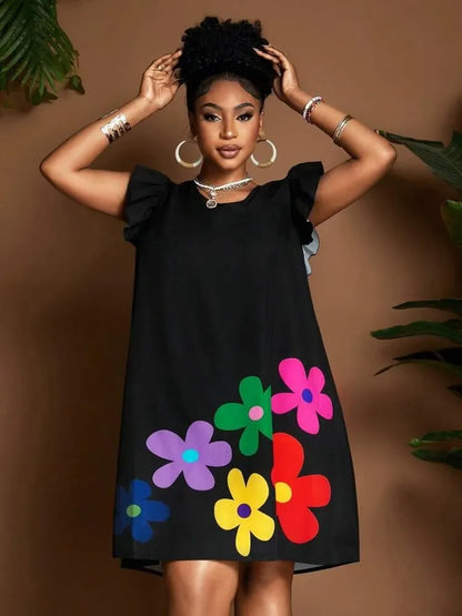 Vibrant Bloom Ruffle Sleeve Dress