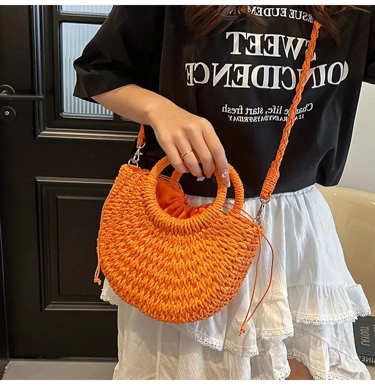 Handwoven Straw Half-Moon Bag