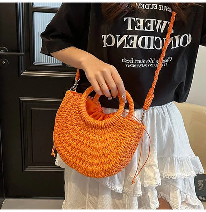 Handwoven Straw Half-Moon Bag