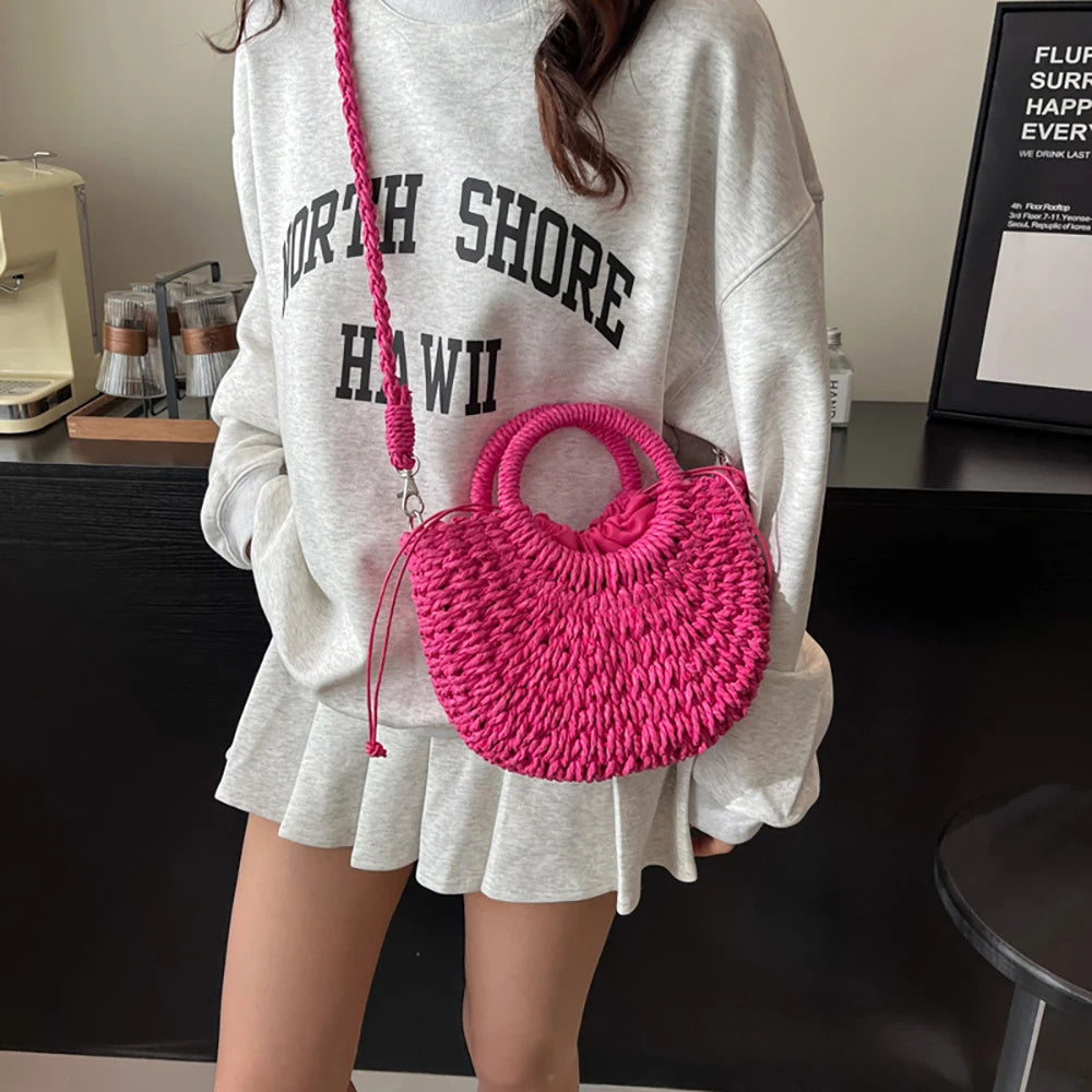Handwoven Straw Half-Moon Bag