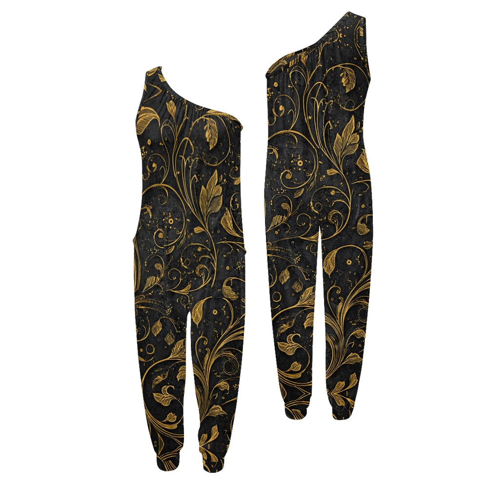 Black and gold floral patterned outfit on a white background.