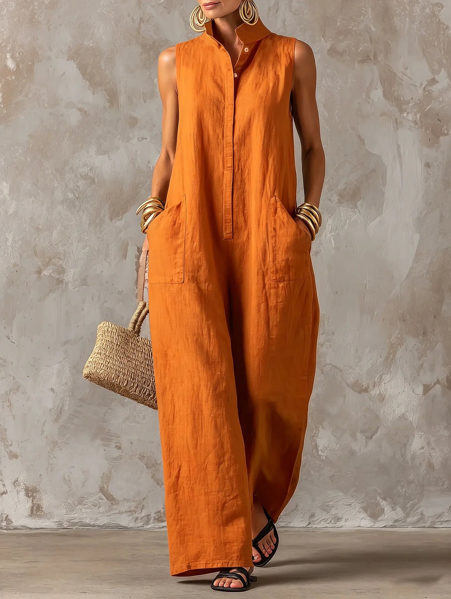 Sleeveless Collared Wide Leg Jumpsuit with Pockets
