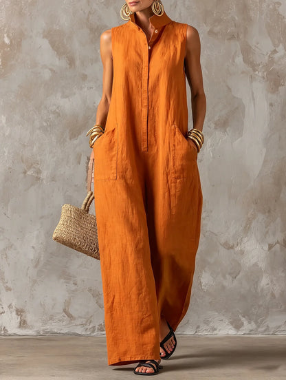 Sleeveless Collared Wide Leg Jumpsuit with Pockets