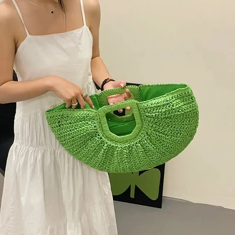 Handmade Half Moon Straw Tote Bag