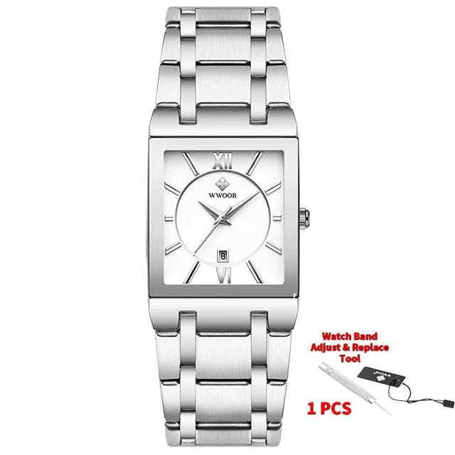 Silver wristwatch with metal band and WWOOR branding on a white background