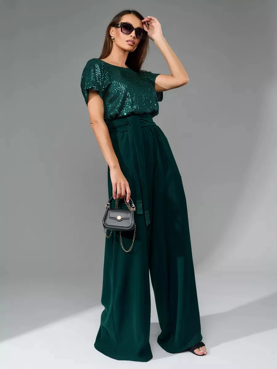 Glittering Sequin Tie Waist Jumpsuit