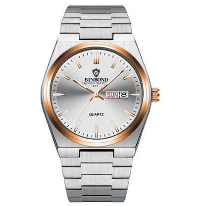 Silver watch with a detailed face on a white background