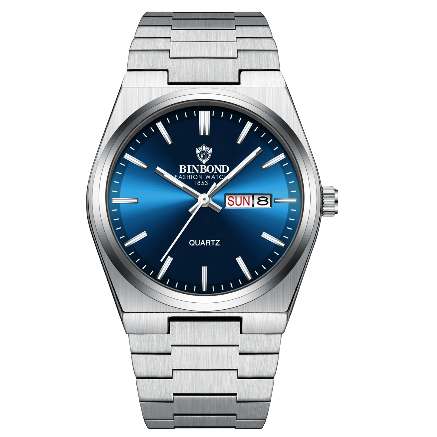 Silver watch with a blue face displaying the brand 'BINBOND' on a white background
