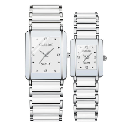 Two silver watches with square faces on a white background, featuring the brand 'CHENXI'.