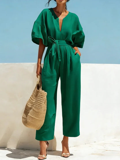 Boho Wide Leg Belted Jumpsuit with Pockets
