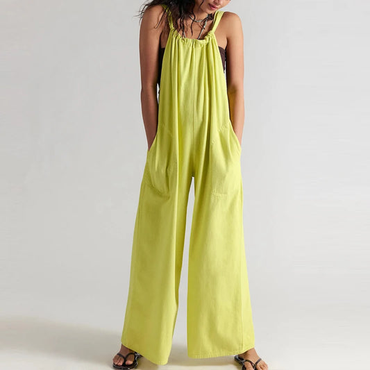 Wide-Leg Denim Overall Jumpsuit