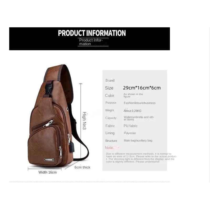 Brown leather sling bag with product information on a white background