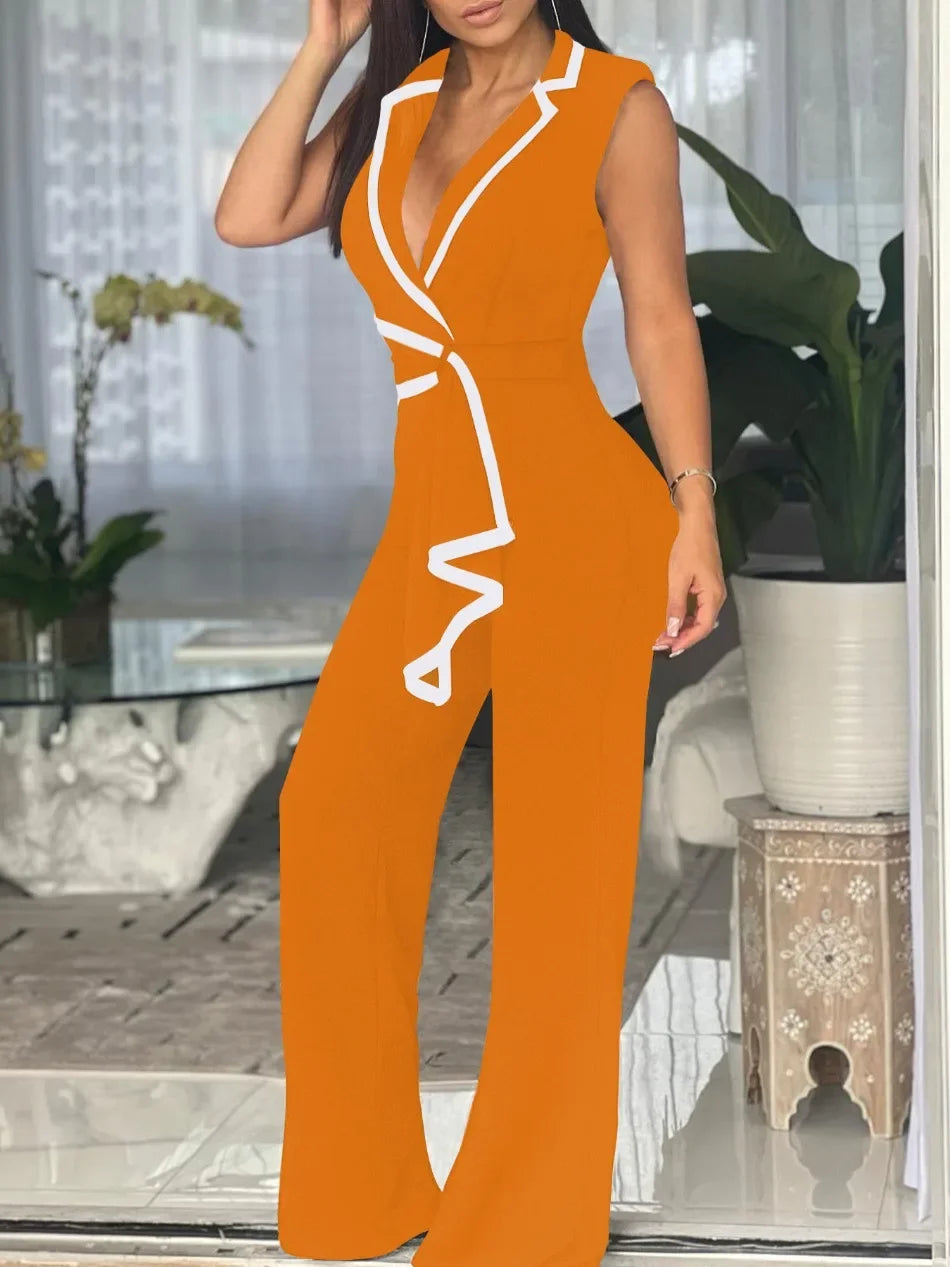 Person wearing an orange jumpsuit with white accents in a modern indoor setting.