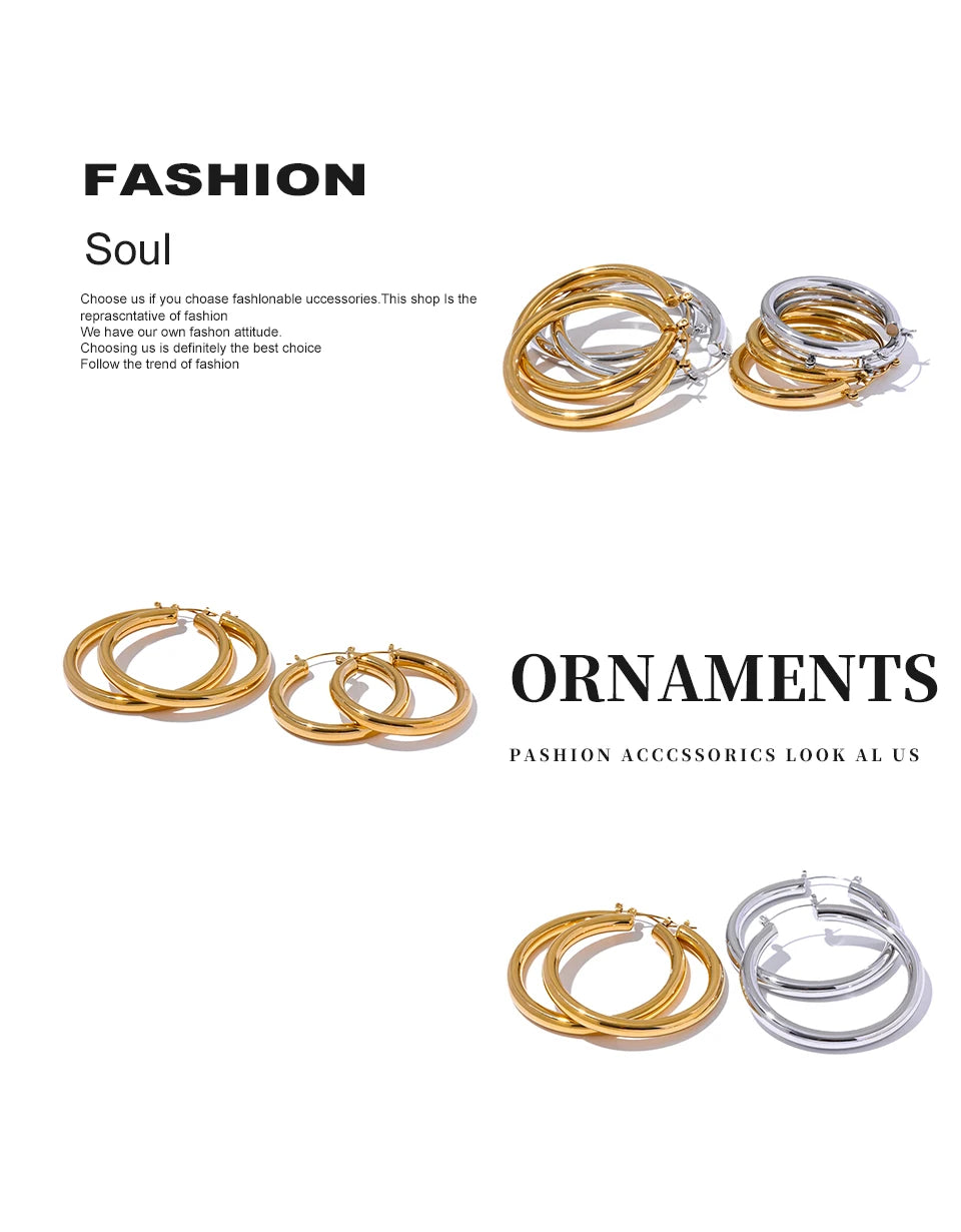 Gold and silver hoop earrings on a white background with text about fashion accessories.