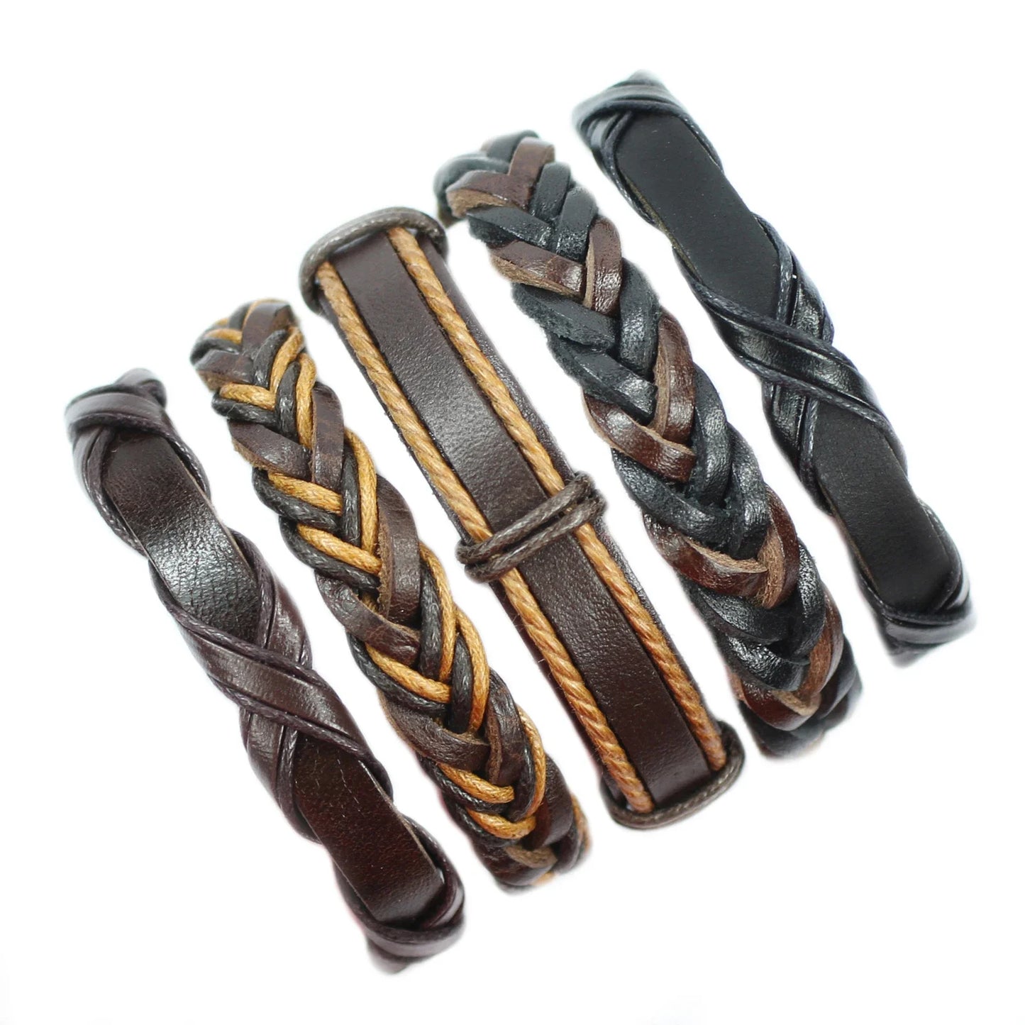Set of braided leather bracelets in various designs on a white background