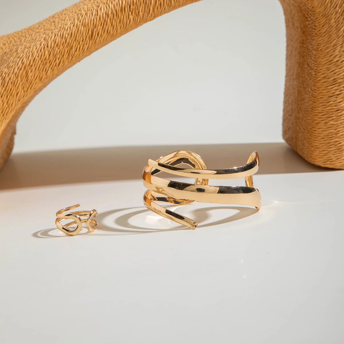 Sculptural Gold Open Cuff & Matching Ring Set