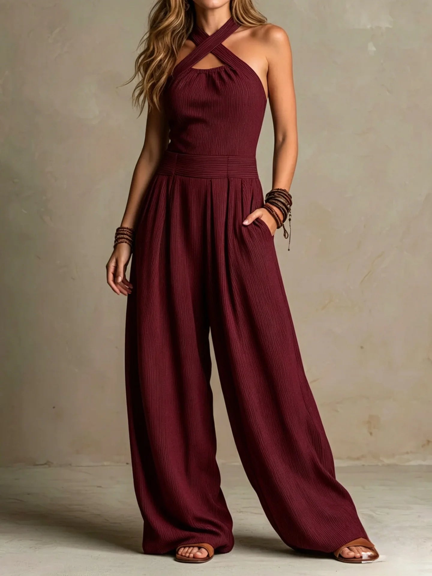 Halter Cross-Neck Wide Leg Jumpsuit