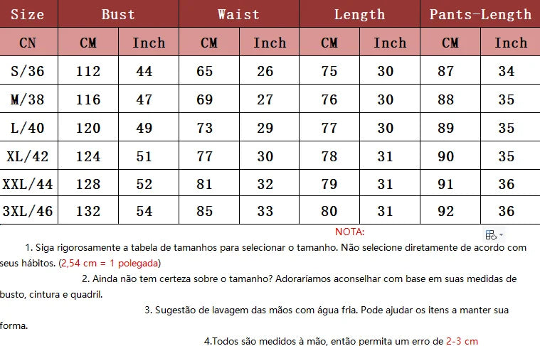 A size measurement chart in Portuguese for a clothing item, showing a size table with columns for CN, Bust, Waist, and Pants-Length in both CM and Inch measurements, from S/36 to 3XL/46.