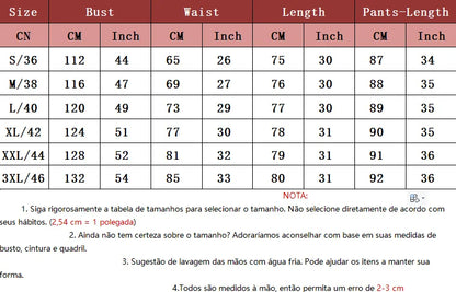 A size measurement chart in Portuguese for a clothing item, showing a size table with columns for CN, Bust, Waist, and Pants-Length in both CM and Inch measurements, from S/36 to 3XL/46.