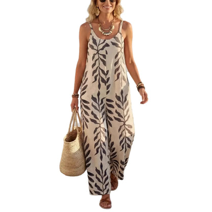 Woman wearing a leaf-patterned dress holding a straw bag on a white background