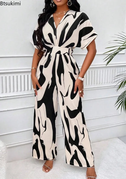 Elegant Printed Batwing Sleeve Jumpsuit