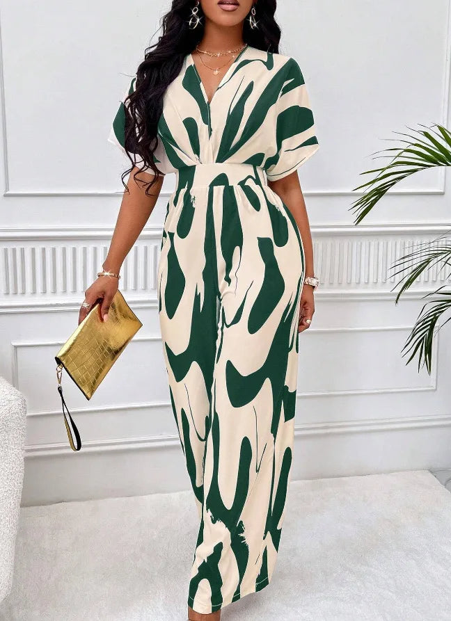 Elegant Printed Batwing Sleeve Jumpsuit