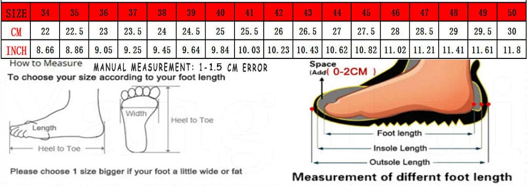 Foot measurement chart for Yang Hui Unisex shoes with size chart and foot length guide.