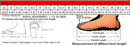 Foot measurement chart for Yang Hui Unisex shoes with size chart and foot length guide.