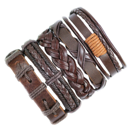 Set of braided leather bracelets on a white background
