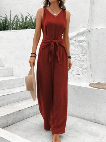 Twisted Strap Tie Waist Jumpsuit