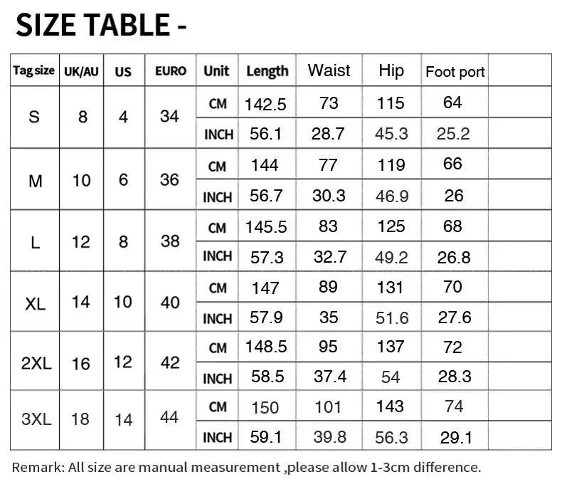 Size chart for clothing measurements in centimeters and inches