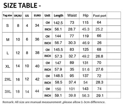 Size chart for clothing measurements in centimeters and inches