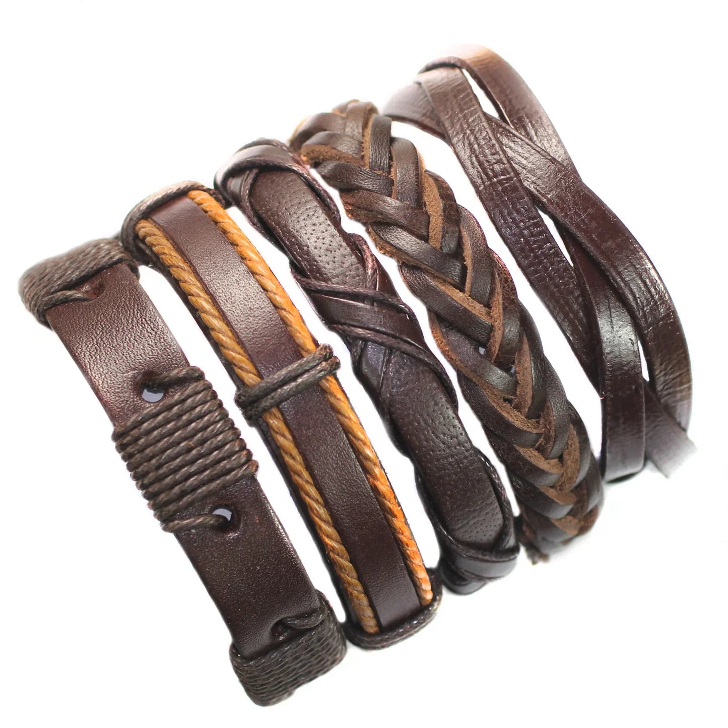 Set of brown leather bracelets with braided design on a white background