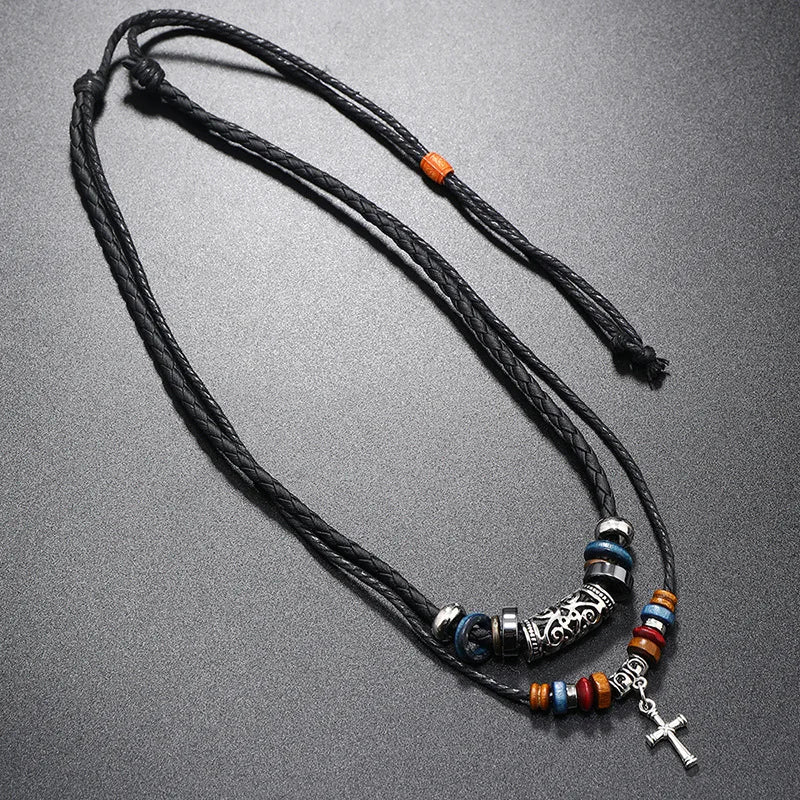 Boho Cross Layered Leather Necklace
