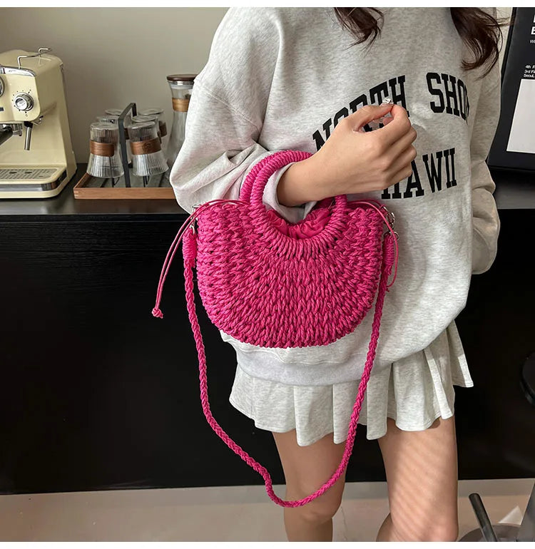 Handwoven Straw Half-Moon Bag