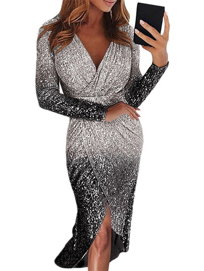 Plunge Neck Sequin Wrap Dress - ProLyf Styles