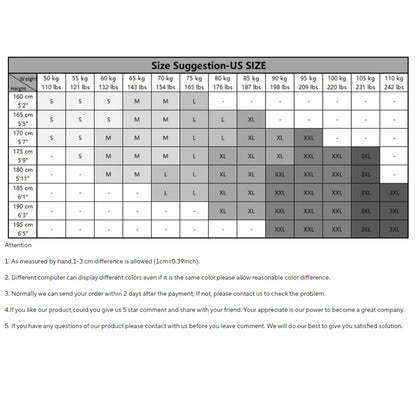 Size suggestion chart for US size with weight and height ranges.