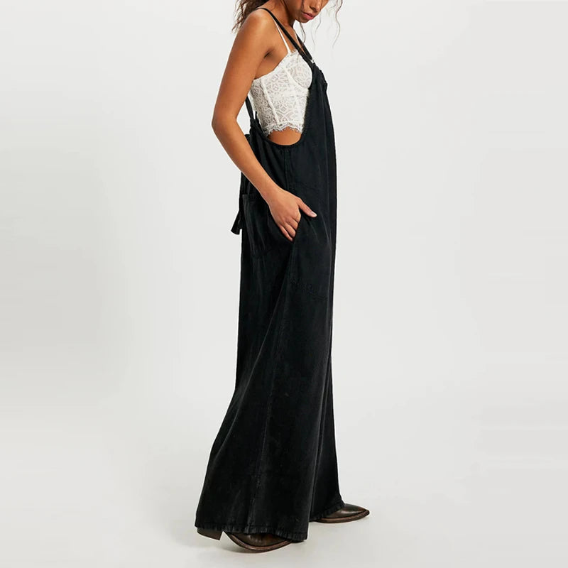 Wide-Leg Denim Overall Jumpsuit
