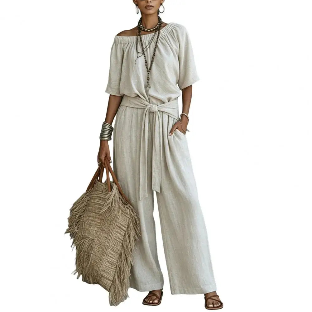 Off Shoulder Tie Waist Jumpsuit