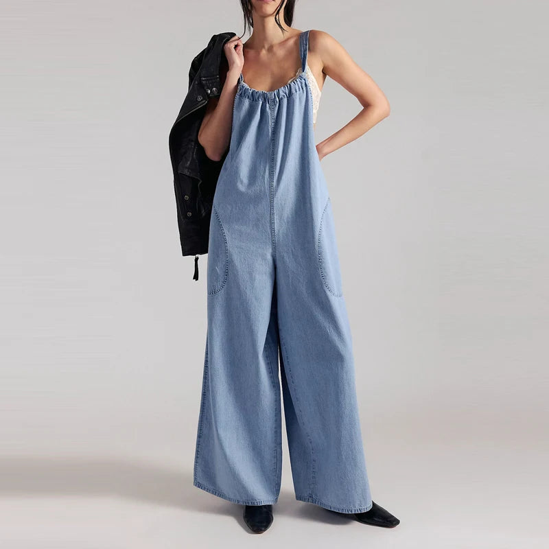 Wide-Leg Denim Overall Jumpsuit