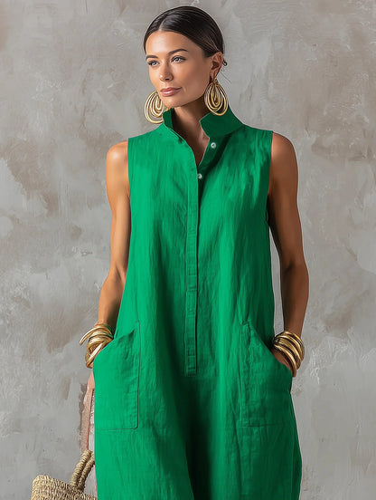 Sleeveless Collared Wide Leg Jumpsuit with Pockets