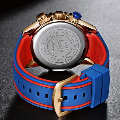 Water-resistant men’s quartz watch in blue and red