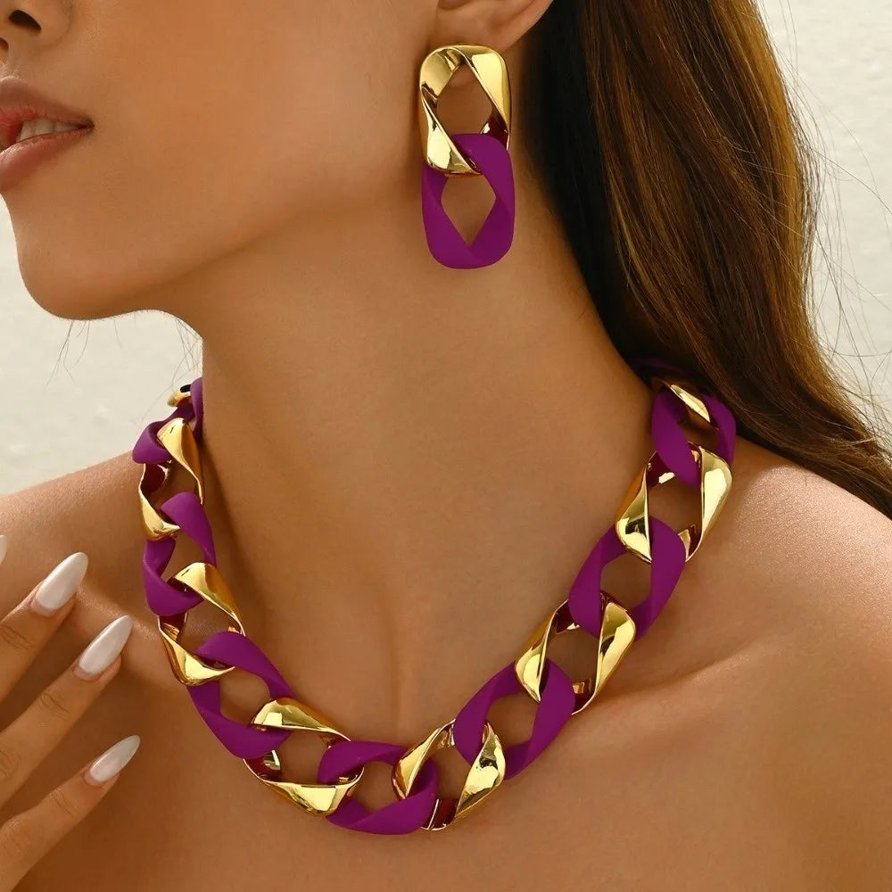 Chunky Dual-Texture Interlocking Link Chain Necklace & Earring Set
